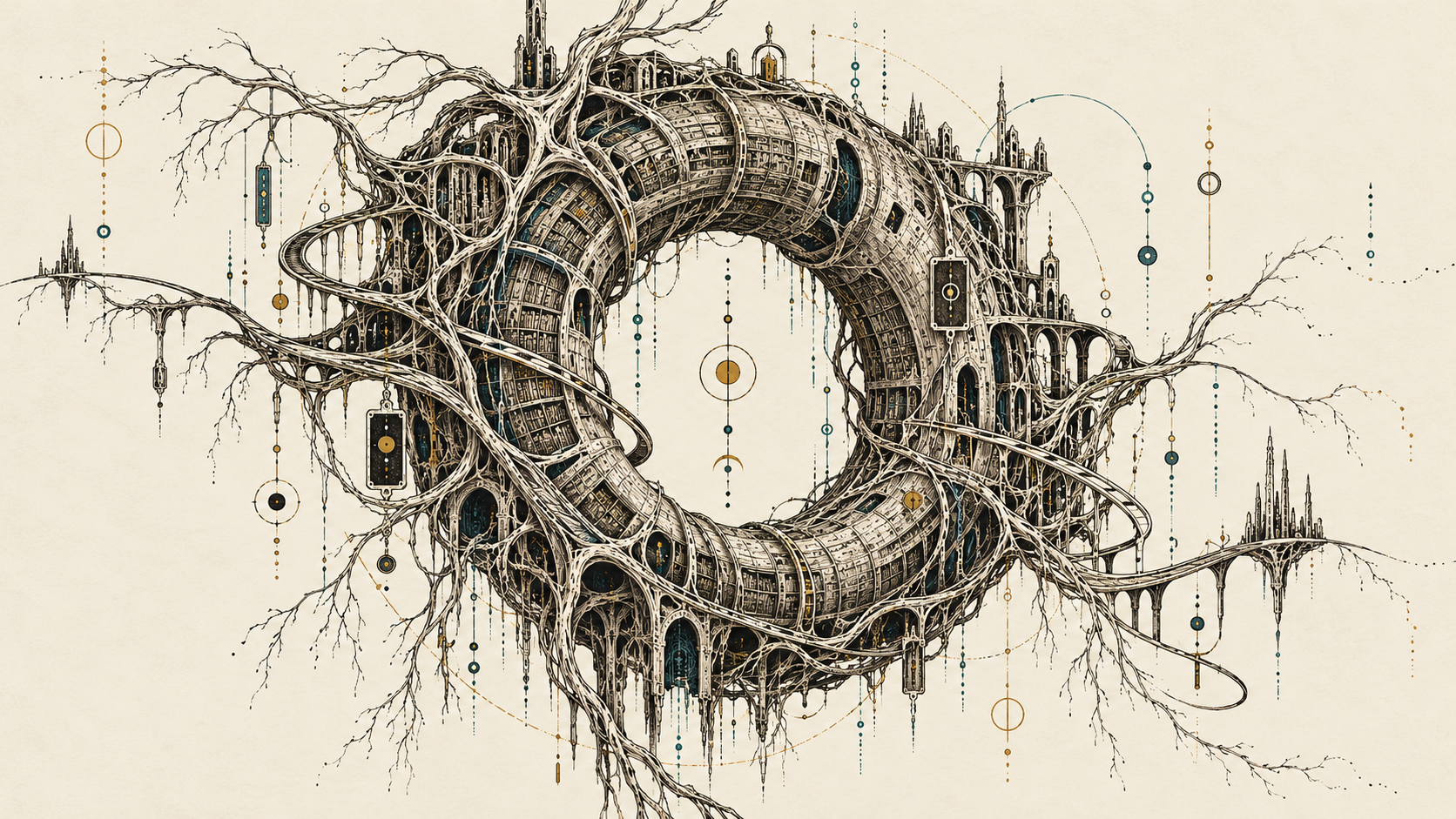 An imagined archive: a circular structure of tree roots, shelves, fine machinery, and hanging instruments, engraved in ink, gold, and teal on warm paper.